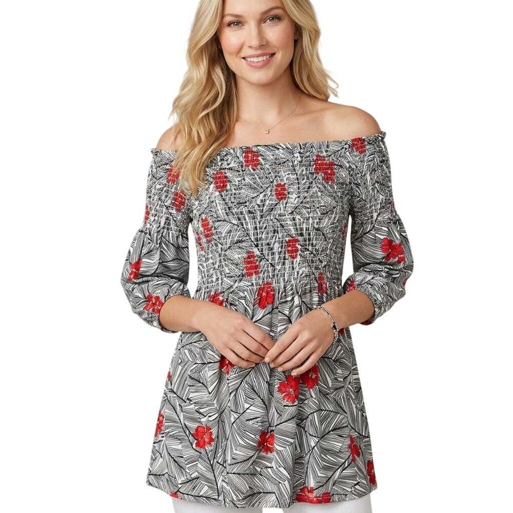 J. Jill Floral Smocked Tunic Womens Large Black White Red Knit Off Shoulder Top